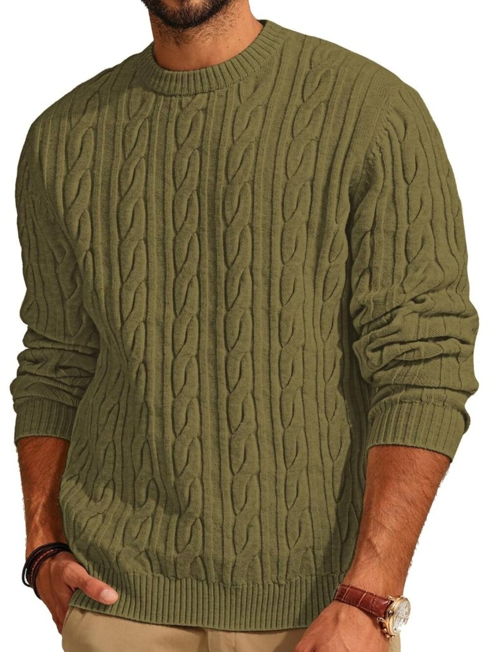 🆕Men's Green Cable Knit Crewneck Pullover Sweater Twist Textured Knit Casual